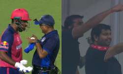 Sanju Samson having a word with umpire, Parth Jindal in