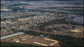An aerial picture shows flooded houses in Brazil's Rio