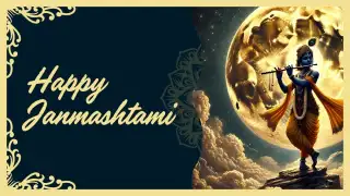 A divine Happy Janmashtami wishes image showing Krishna