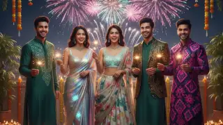 Group of friends in AI-designed Diwali looks