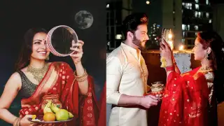 A loving couple celebrating Karwa Chauth ritual.