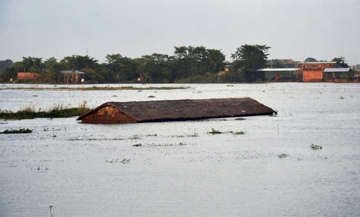 An inundated village at Suprakandhi in flood-hit Karimganj