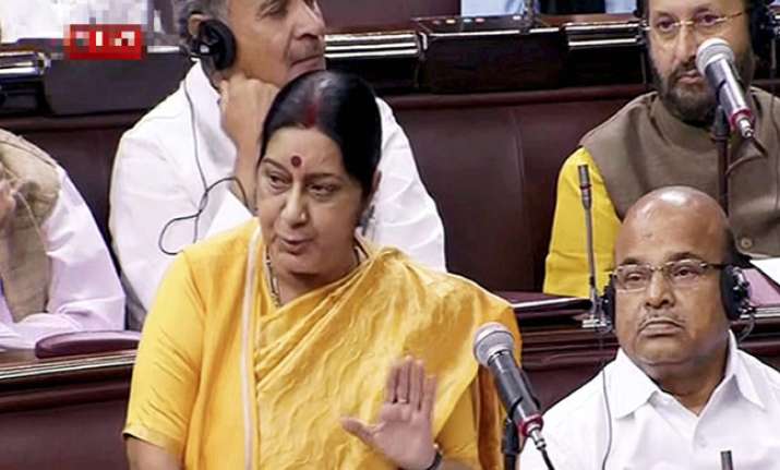 Sushma Swaraj addresses members of the Rajya Sabha on