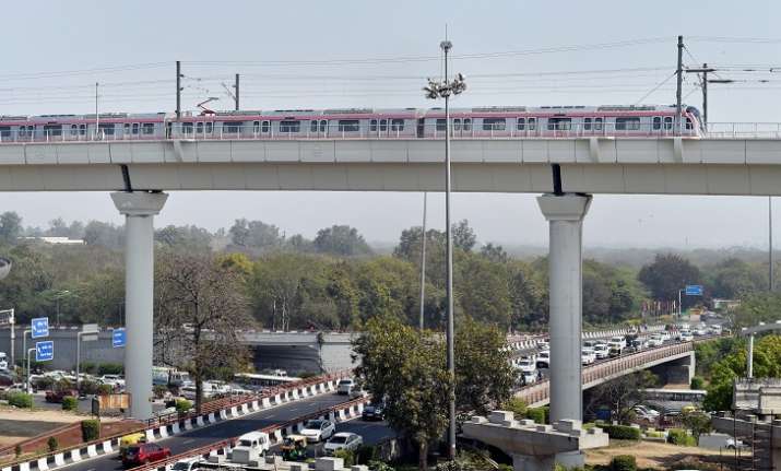 New Delhi: A Metro train moves across the new Majlis Park