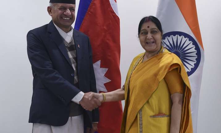External Affairs Minister Sushma Swaraj greets her Nepali
