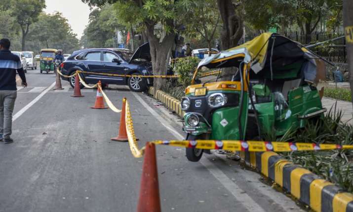 The mangled remains of the auto rickshaw which was hit by a