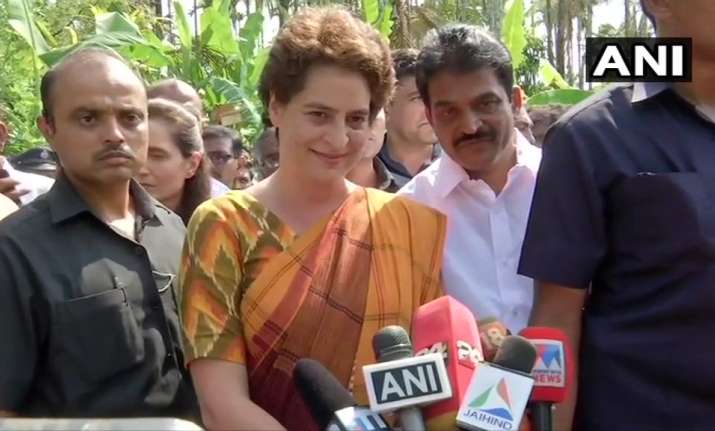 Priyanka Gandhi speaking to reports in Wayanad, Kerala
