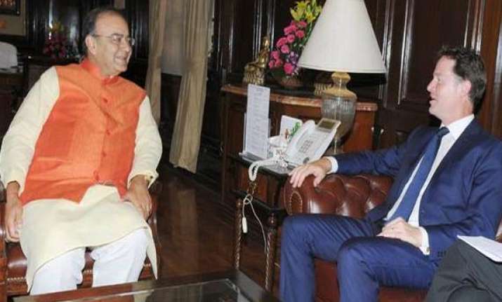 uk deputy prime minister nick clegg meets arun jaitley
