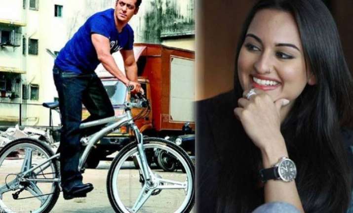 sonakshi sinha copies salman khan rides bicycle on mumbai