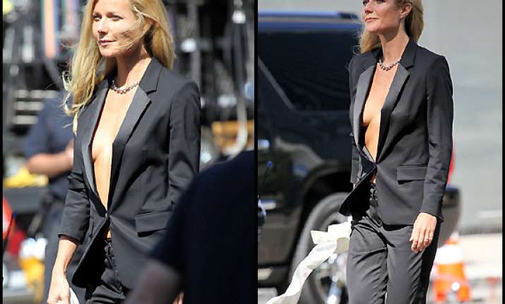 paltrow goes bare under tuxedo view pics