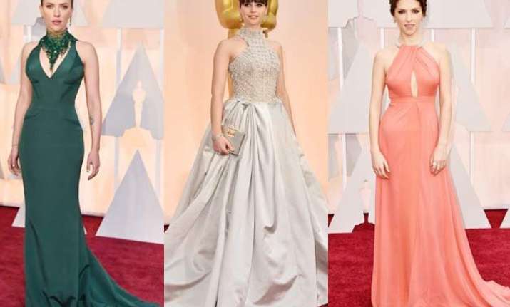 oscars 2015 high collars and demure gowns on the red carpet