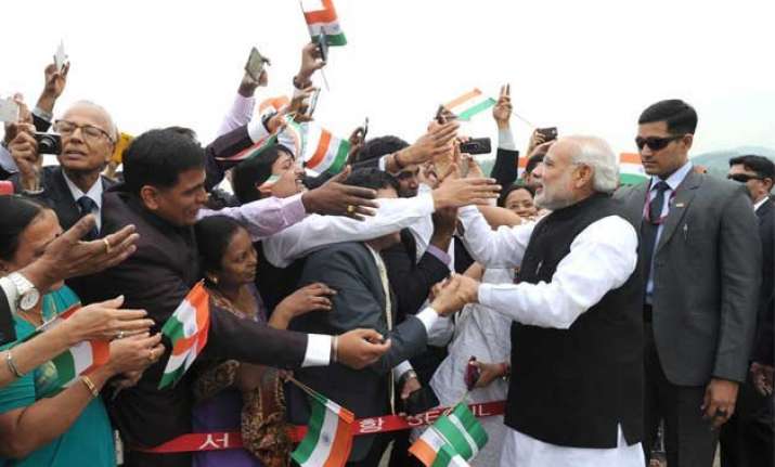 wonderful being in seoul says pm modi to enthusiastic