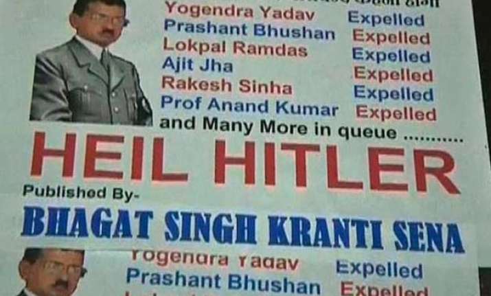 now poster compares delhi cm kejriwal with hitler