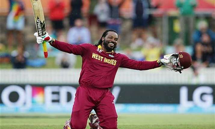 world cup 2015 gayle s record 215 lifts west indies to 73