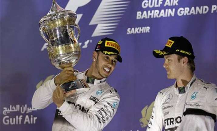 hamilton wins bahrain gp ahead of raikkonen and rosberg