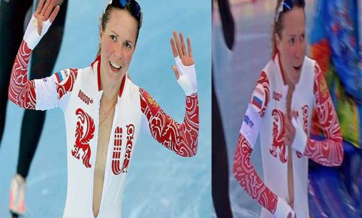 russian speedskater olga graf unzips her skin suit after