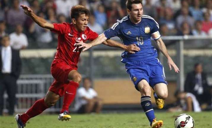 messi scores 2 goals argentina thrashes hong kong