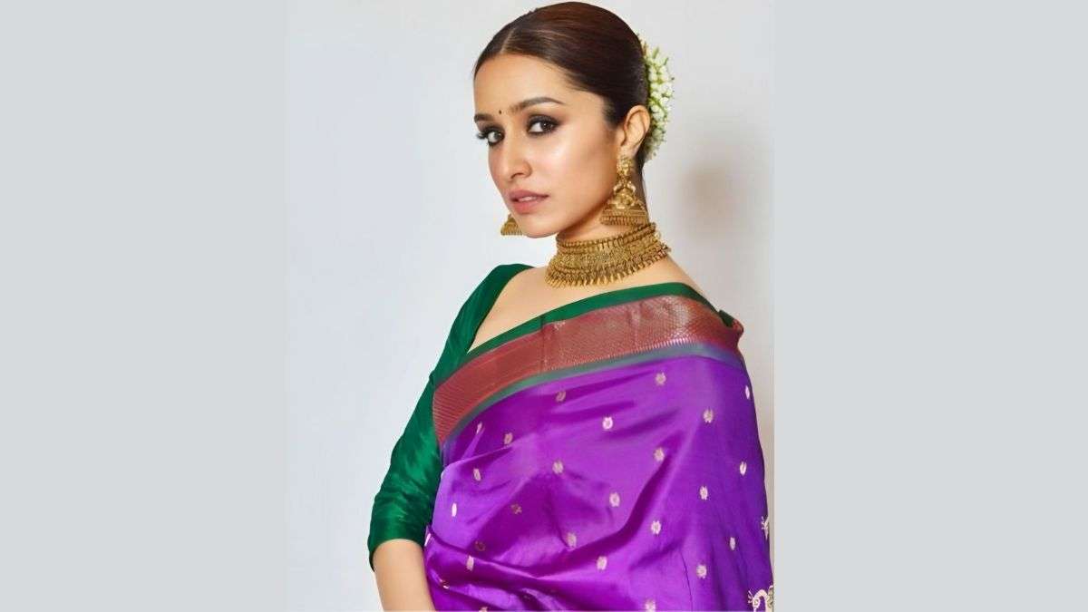Shraddha Kapoor in deep purple Paithani silk saree with zari work and statement choker for Gudi Padwa