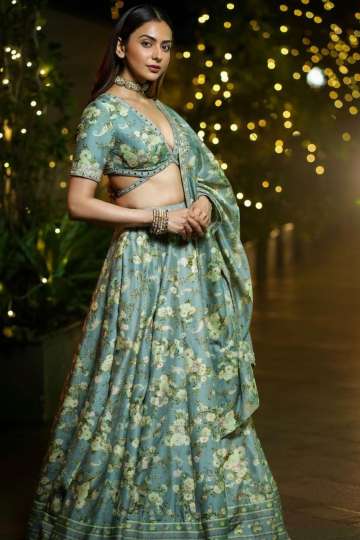 Actress Pooja Hegde Wear Firozi Digital Printed Lehenga Choli
