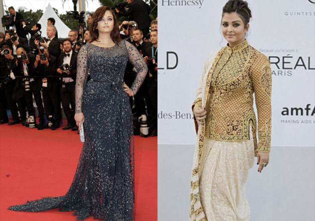 2012 – New mom Aishwarya was highly criticised for her weight gain post pregnancy. She wore a grey Elie Saab gown which clung to her plus size curves. The beauty queen was also spotted in a cream chikankari Abu Jani-Sandeep Khosla sari for the amfAR Cinema Against AIDS Gala with an embroidered jacket, which was a complete fashion disaster.