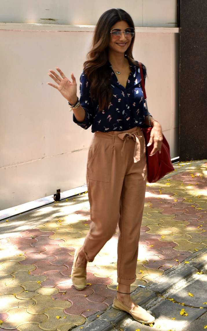 Shilpa Shetty steps out in casual shirt and tie-up pants along