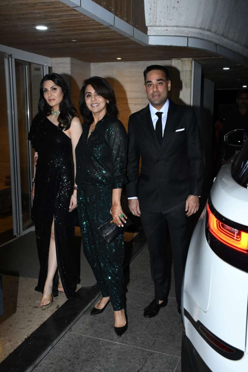 Riddhima Kapoor Sahni, her husband Bharat Sahni and Ranbir's mother Neetu Kapoor posed for photographs before heading to Vastu
