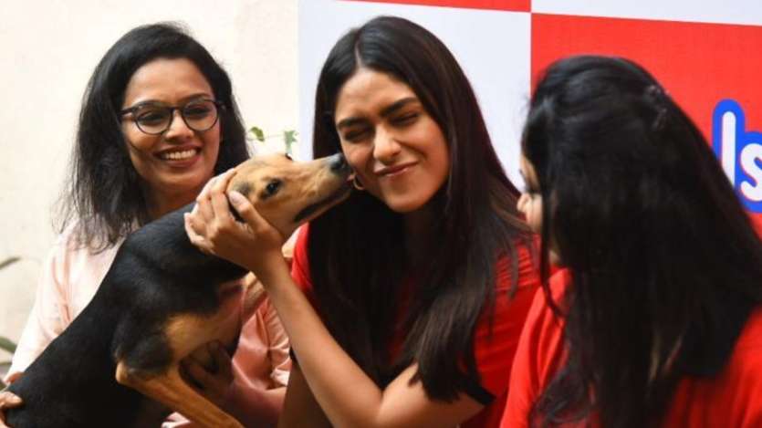 Mrunal was seen going all goofy and cuddling with the dog.