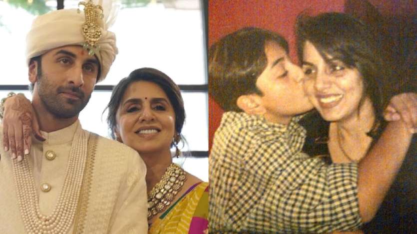 A then-and-now photo of Ranbir Kapoor with her mom Neetu Kapoor. While the first one is from Ranbir's wedding to Alia Bhatt earlier this year, the second one is a memorable throwback photo of the doting mother-son duo.