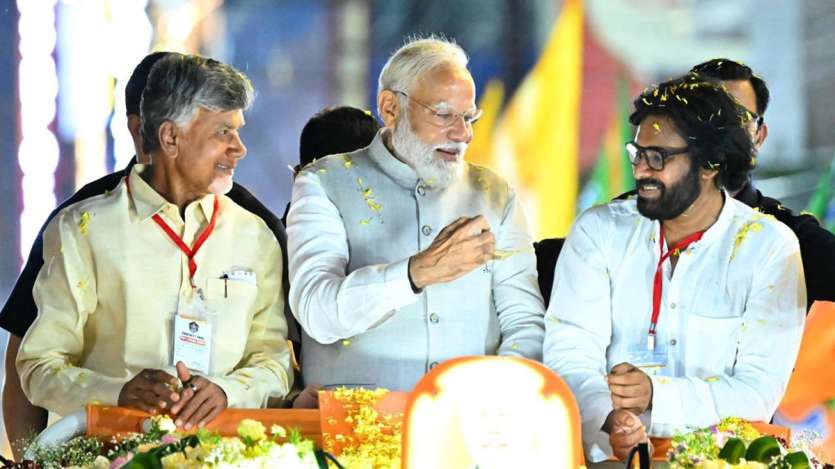 The roadshow in Vijayawada is one of the first joined poll campaigns by PM Modi, Pawan Kalyan and Chandrababu Naidu ahead of Lok Sabha elections in Andhra Pradesh.