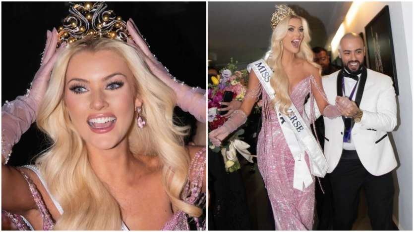 Miss Denmark, Victoria Kjaer Theilvig, wore a sparkly pink gown for the finale, exuding grace and beauty. The garment has studs in various colours of pink.