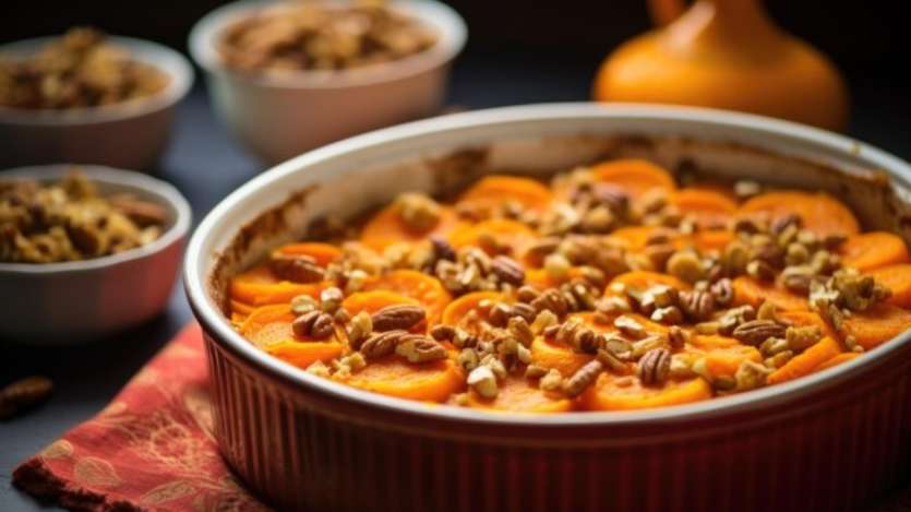 Sweet potato casserole is one of the favourite dishes to appear on the Thanksgiving table, and that's not without reason. This dish is a great balance of sweet and savoury- mashed sweet potatoes topped with crunchy pecan and brown sugar streusel. The flavours and textures in this casserole are simply irresistible.