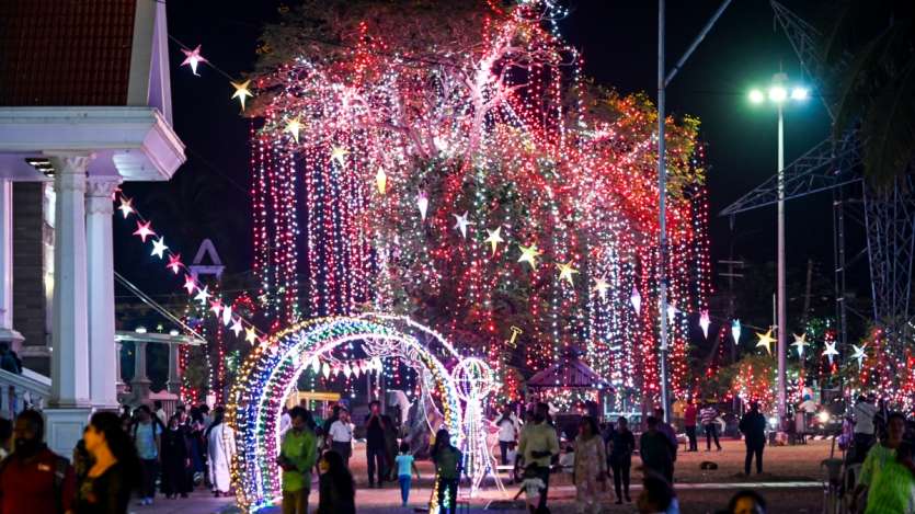 On Christmas, people gather at the beautifully decorated Vettukad Church in Thiruvananthapuram to celebrate the festive season. The church's stunning decorations attract visitors, creating a joyful atmosphere. 