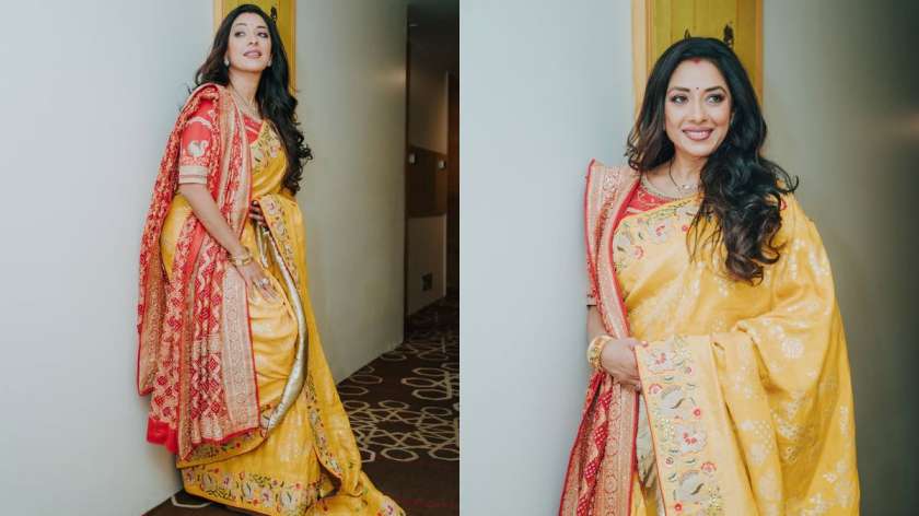 Rupali radiates in a yellow saree paired with a red bandhani dupatta. From a traditional standing posture to a soft, introspective shot, both poses offer vintage inspiration with a modern twist.