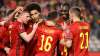Belgium's Thorgan Hazard, center, is congratulated after scoring his sides third goal during the Wor