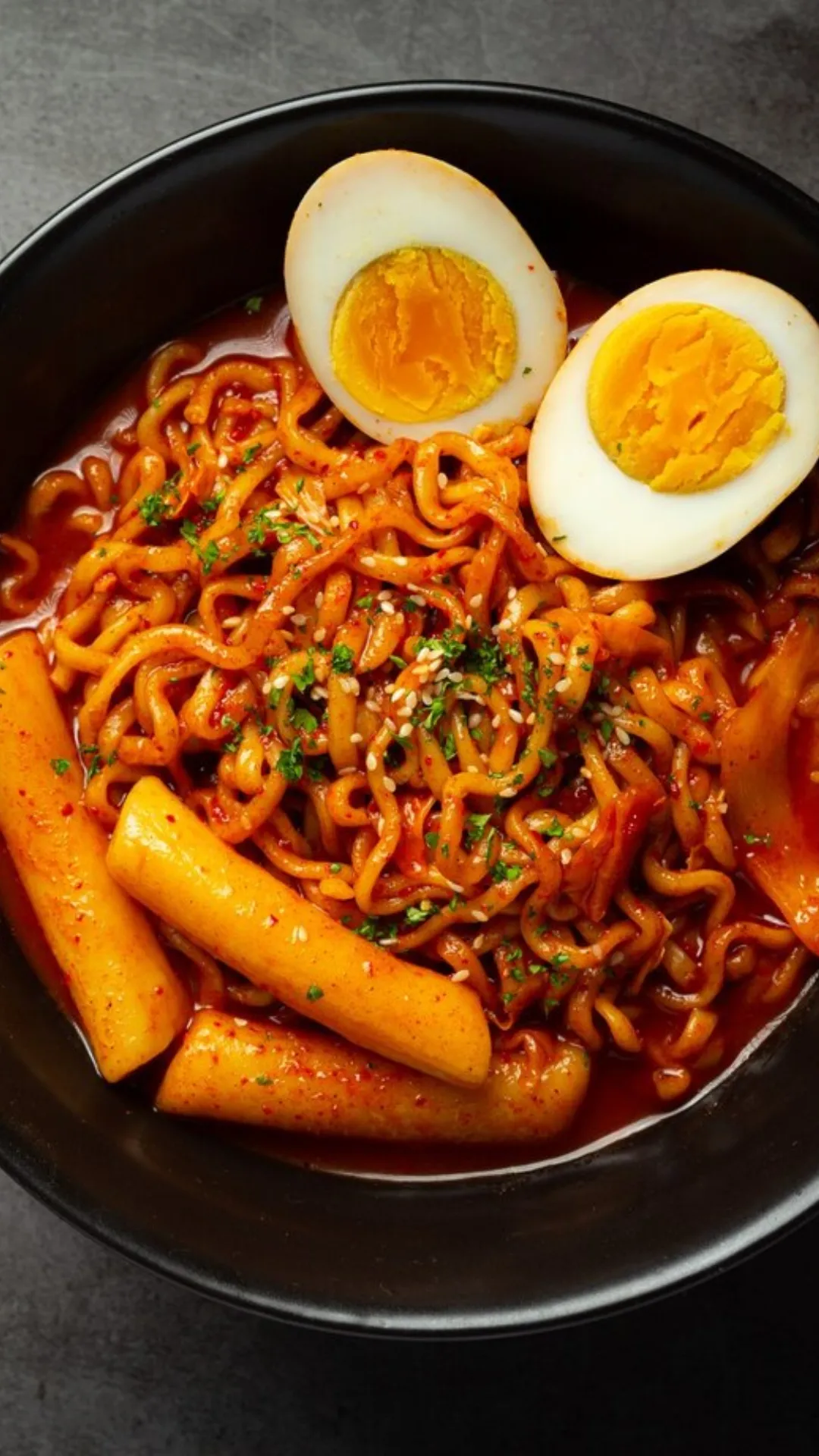 Ramen is wheat noodles served in a broth; common flavours are soy sauce and miso, with typical toppings including sliced pork, nori, menma, and scallions.