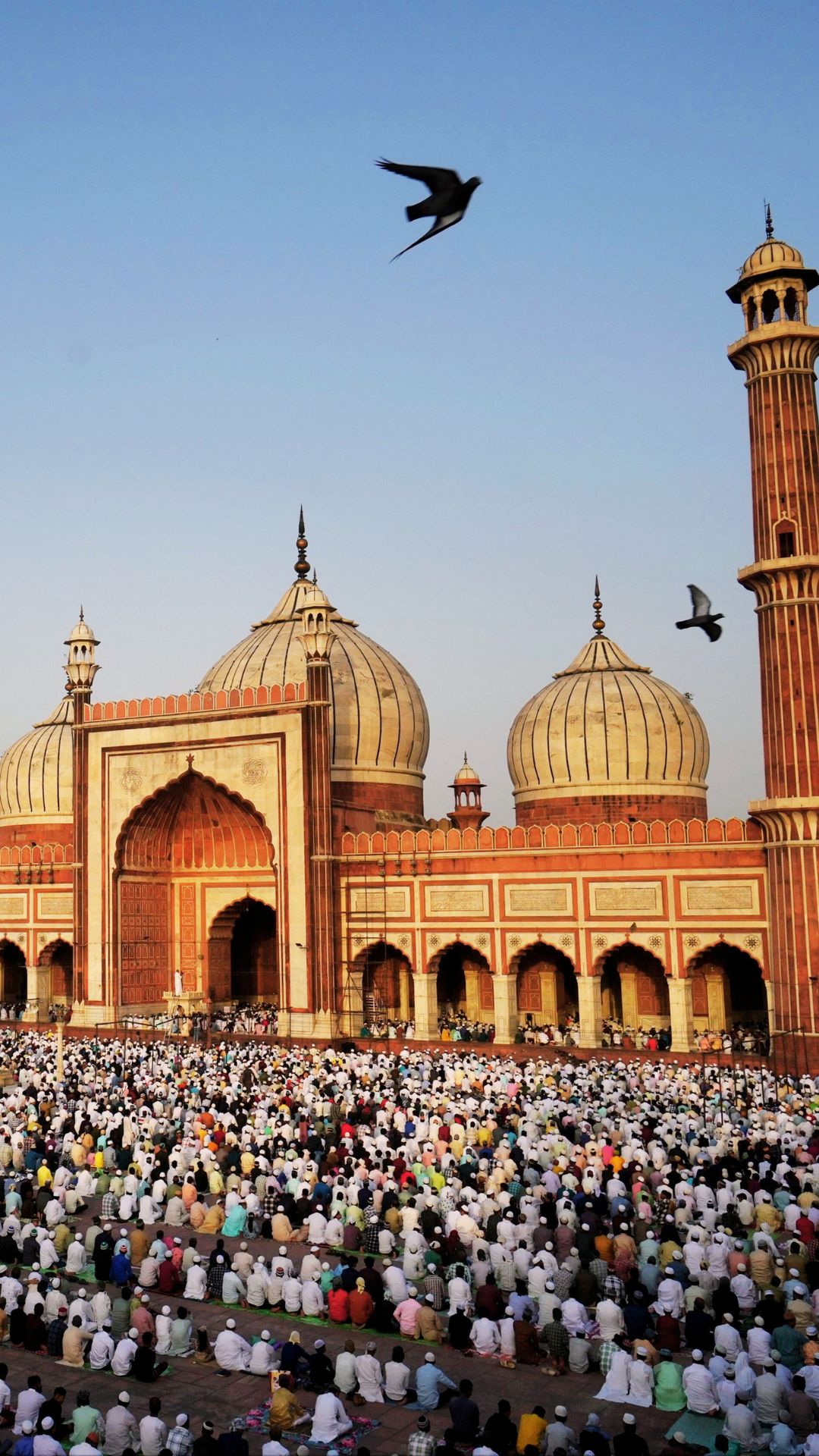 Devout Muslims greet and hug each other after offering Eid al-Adha prayers at the Jama Masjid.