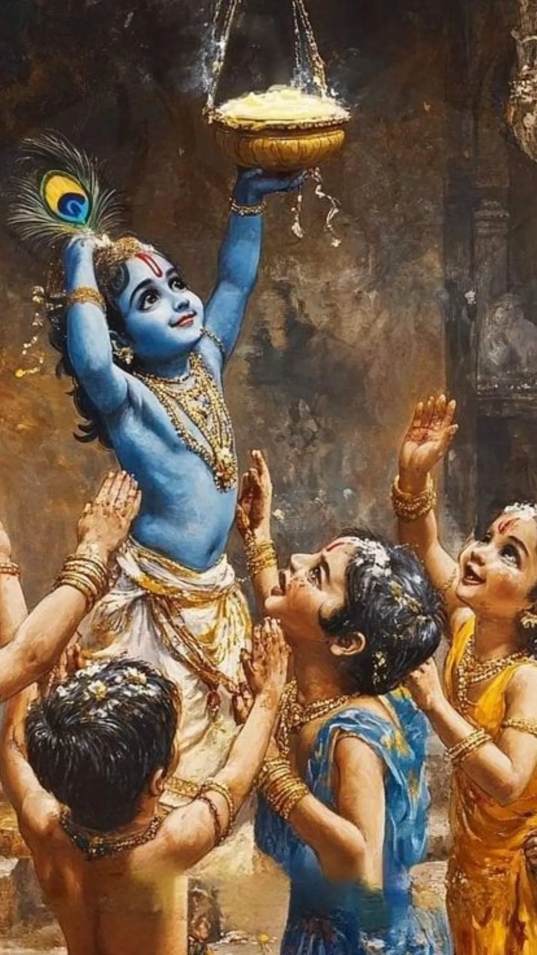 Krishna Janmashtami HD image of Bal Krishna joyfully reaching for a hanging pot of butter, surrounded by friends in celebration of the festival.