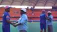 Sanju Samson meets the pitch curator of the Rajiv Gandhi International Cricket Stadium.