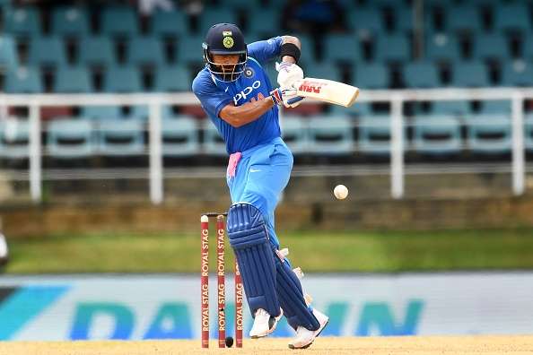 India's captain Virat Kohli plays a shot against West Indies