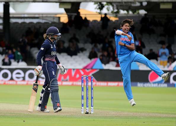 India's Jhulan Goswami celebrates the wicket of Fran Wilson of England.