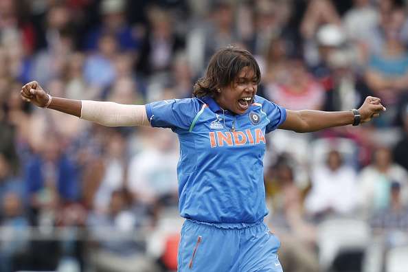 India's Jhulan Goswami reacts during the ICC Women's World Cup cricket final.