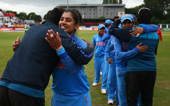 Mithali Raj and team mates celebrate making it to the semi final of WWC'17