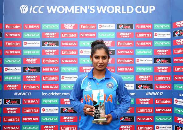 Mithali Raj of India receives the player of the match award against New Zealand