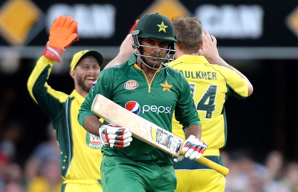 Sharjeel Khan of Pakistan loses his wicket off the bowling of James Faulkner. PCB