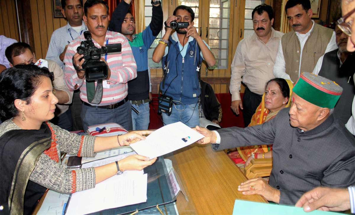 Himachal CM Virbhadra Singh filing his nomination from the Arki Assembly constituency on Friday. 
