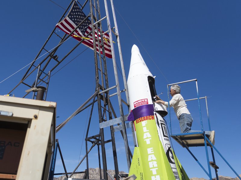 In this March 6, 2018, file photo, &ldquo;Mad&rdquo; Mike Hughes begins work on repairing a steam leak after he scrubbed his launch attempt of his steam-powered rocket near Amboy, Calif.