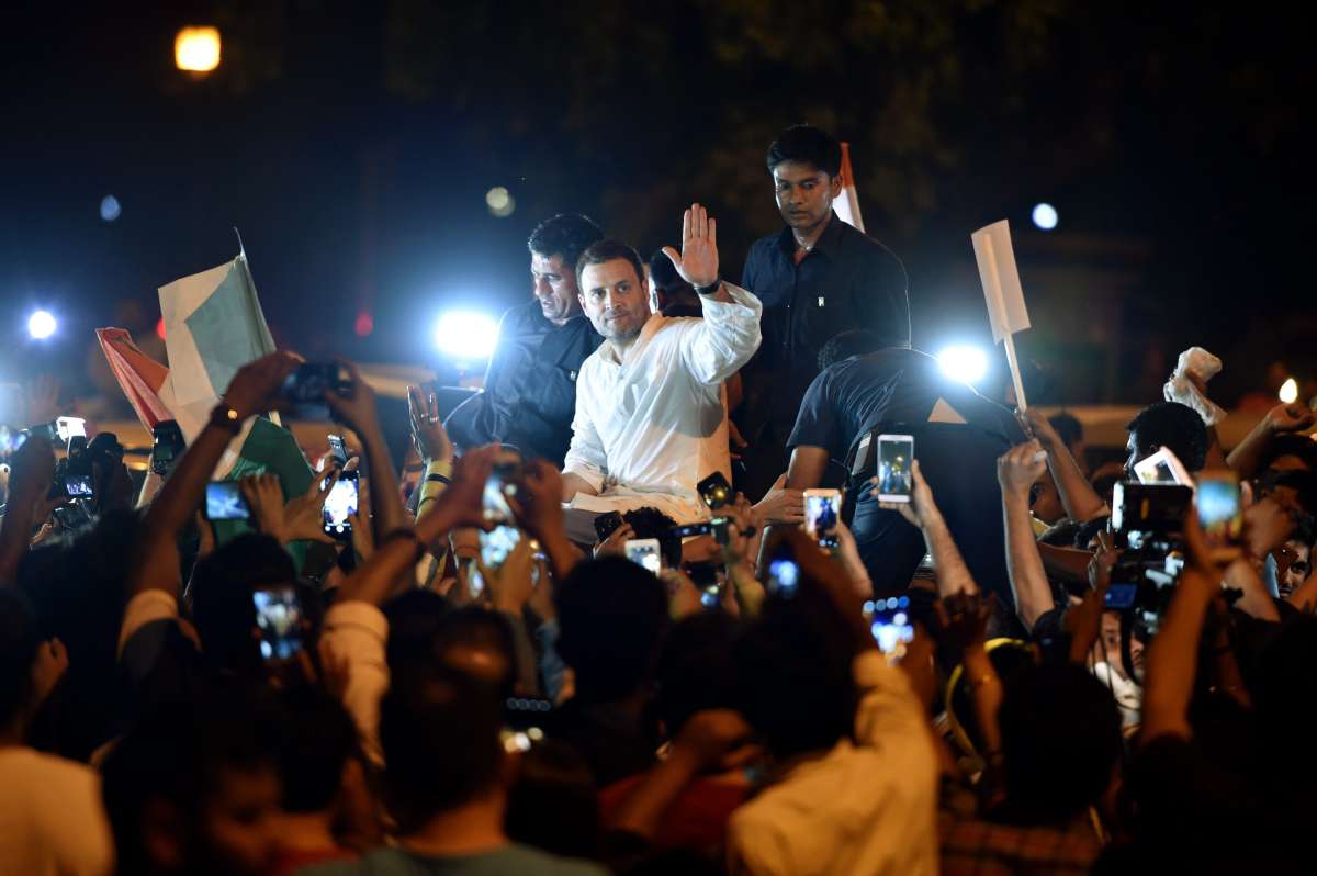 Congress President Rahul Gandhi during a candlelight vigil at India Gate to protest against the growing incidents of violence against the girl child and women, in New Delhi on Thursday late night.