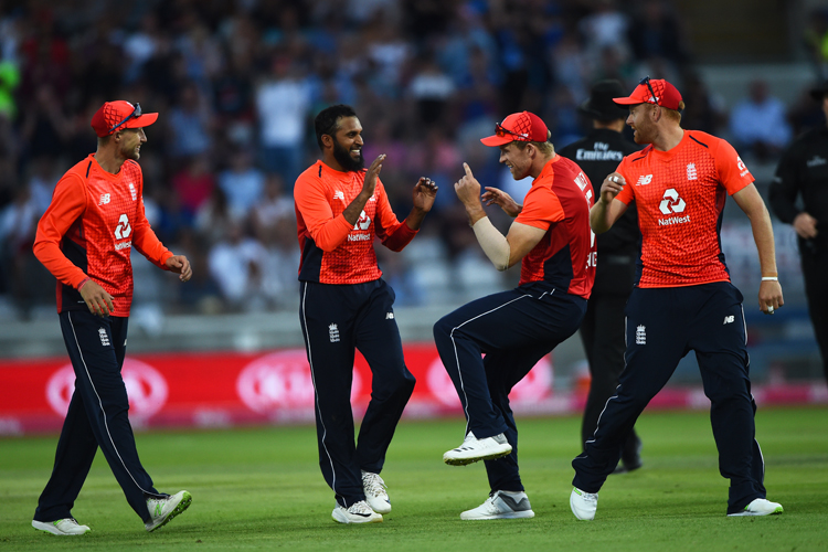&nbsp;Adil Rashid celebrates after getting Aaron Finch of Australia out during the match.