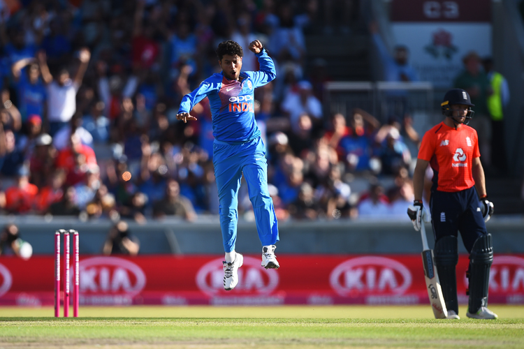 Kuldeep Yadav celebrates an English wicket.