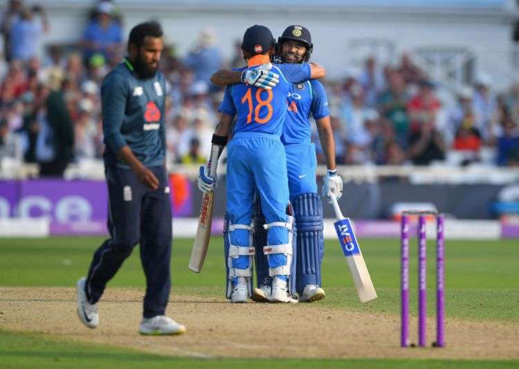 Rohit Sharma and Virat Kohli celebrate in Nottingham